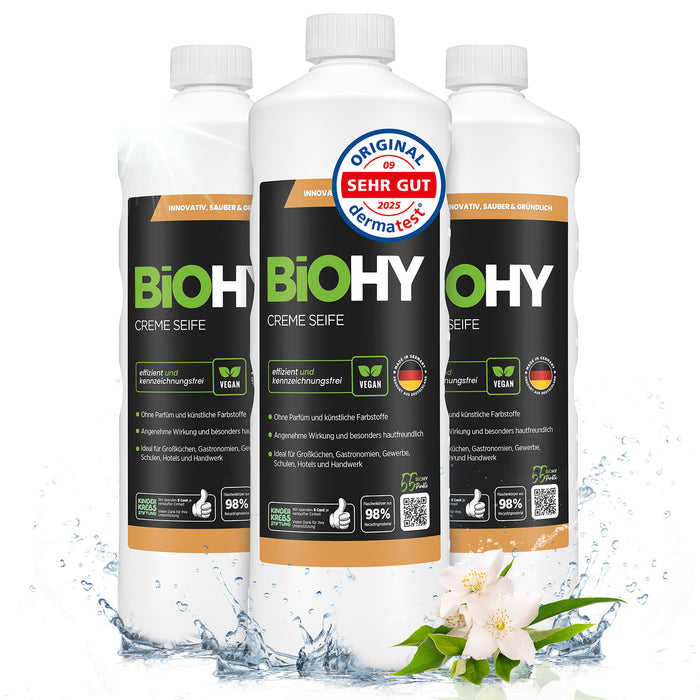 BiOHY Creme Seife 3er-Pack (3 x 1 Liter) – Sparpaket Handwaschcreme für Waschraum und Küche