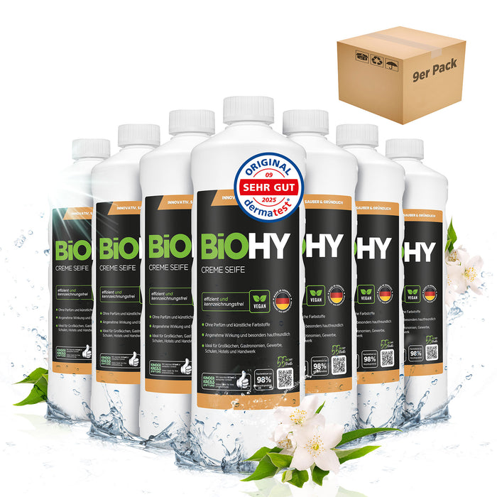 BiOHY Creme Seife 9er-Pack (9 x 1 Liter) – Großpack Handwaschcreme für Gewerbe und Waschräume