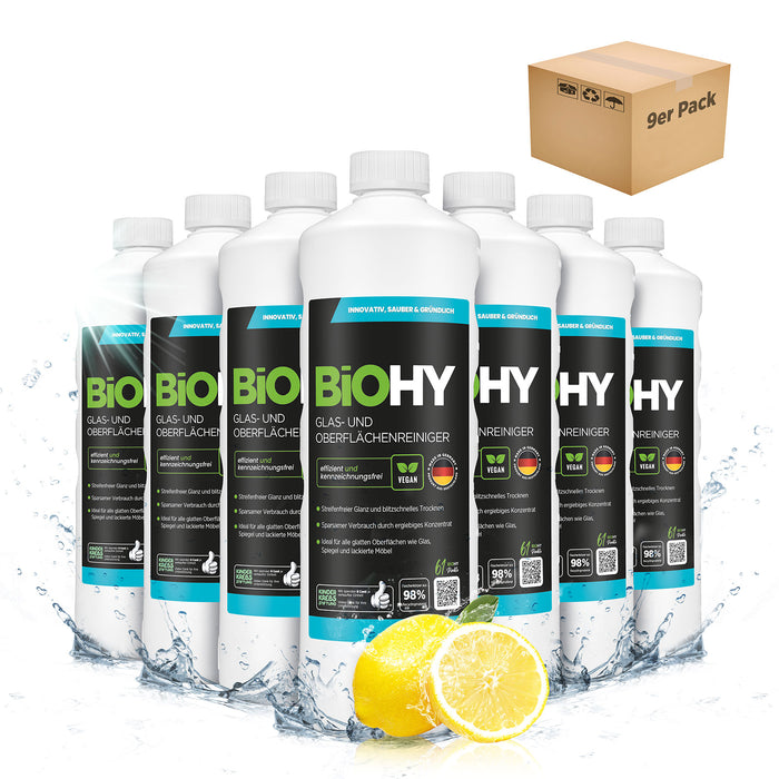 BiOHY Glas- und Oberflächenreiniger 9er-Pack (9 x 1 Liter Flasche) – Großpack für Glasreinigungsfirmen