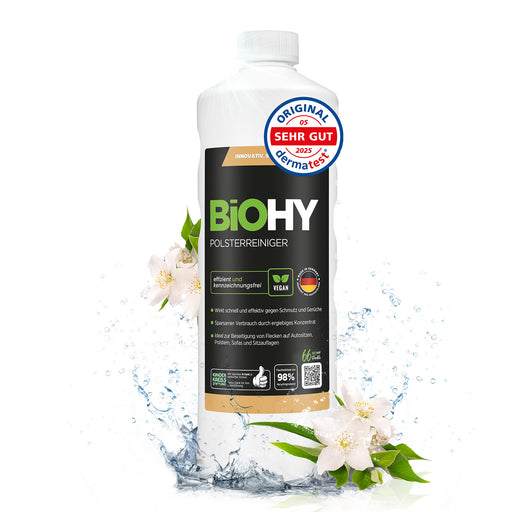 BiOHY Polsterreiniger, 1-Liter-Flasche Konzentrat, Frontansicht des Etiketts – für Sofa, Matratze, Teppich und Autositz