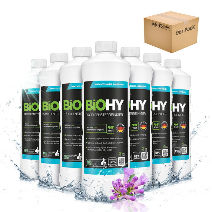 BiOHY Profi Fensterreiniger 9er-Pack (9 x 1 Liter) – Großpack für Glasreinigungsfirmen