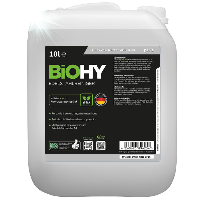 BiOHY Edelstahlreiniger 10L (B2B) – Produktinfografik Eigenschaften