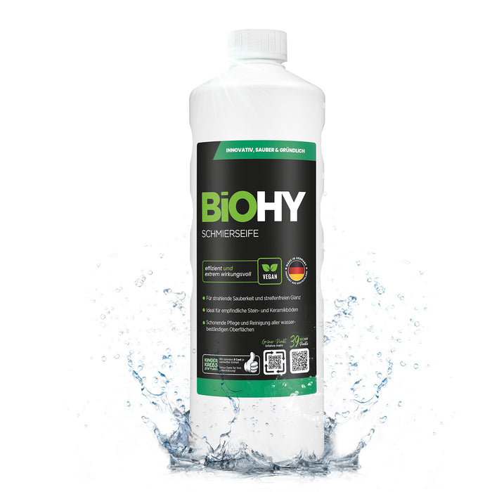 BiOHY Schmierseife 1 Liter – Flasche mit Etikett und Schraubverschluss, Frontansicht