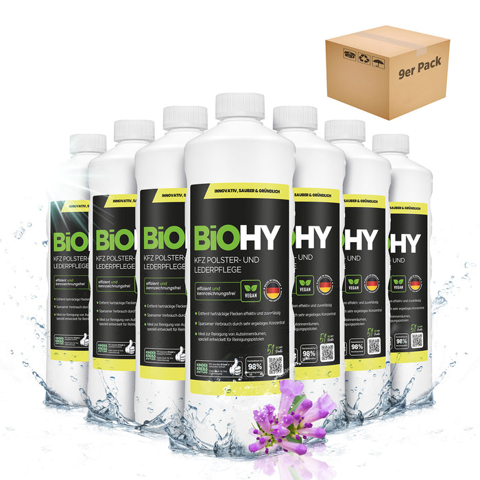 BiOHY KFZ Polster- & Lederpflege 9er-Pack (9 x 1 Liter Flasche) – Großpack für Werkstatt und Fuhrpark
