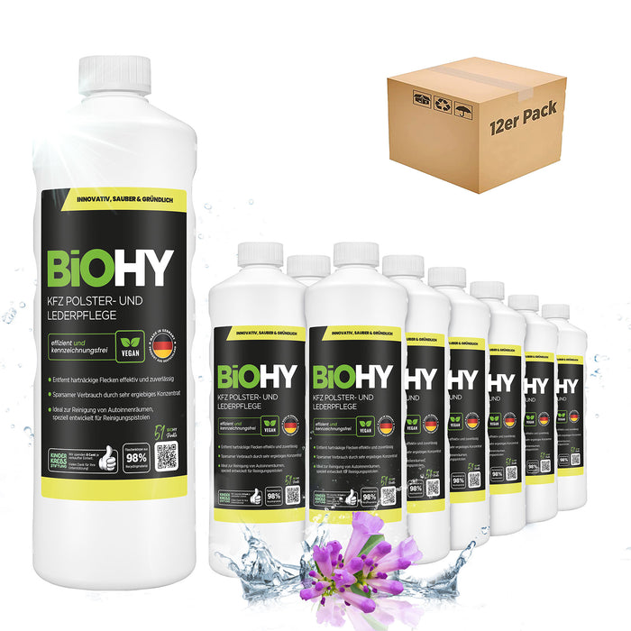 BiOHY KFZ Polster- & Lederpflege 12er-Pack (12 x 1 Liter Flasche) – Vorratsgebinde für Gewerbe