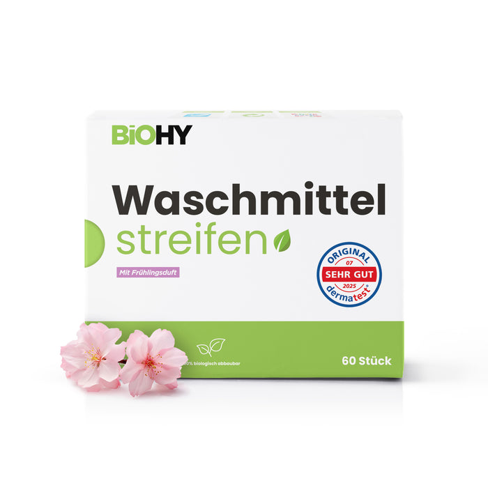 BiOHY Waschmittel Blätter – Produktansicht der vorportionierten Waschstreifen