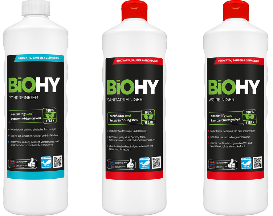 BiOHY Stilles-Örtchen-Komplett-Set, sechsteiliges Reinigungsset für WC und Bad mit drei 1-Liter-Flaschen, Sprühflasche, Tüchern und Dosierer