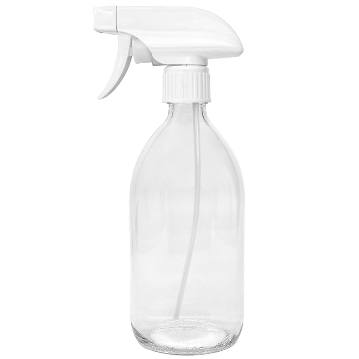 BiOHY Glas Sprühflasche 500 ml – Einzelflasche mit weißem Sprühkopf, Frontansicht