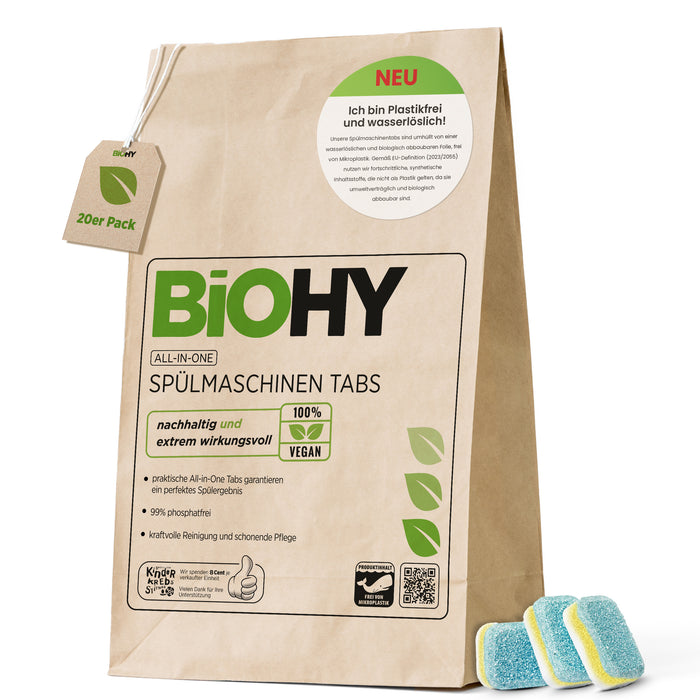 BiOHY All-in-One Spülmaschinentabs – Anwendungsbeispiel im geöffneten Geschirrspüler