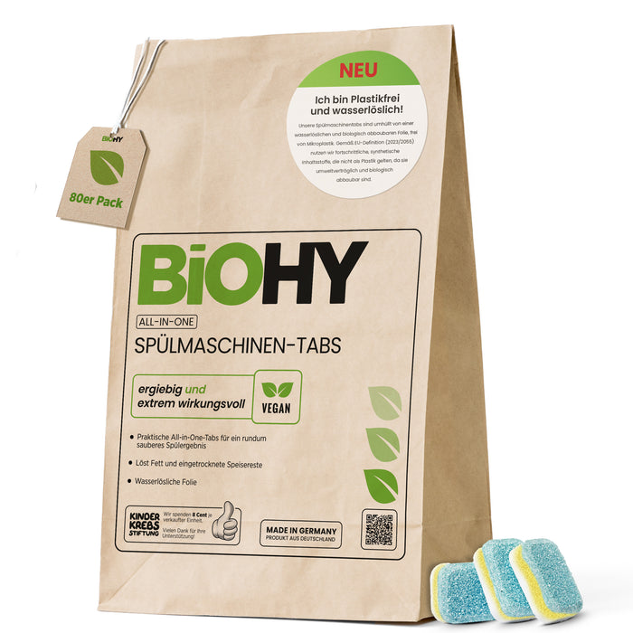 BiOHY All-in-One Spülmaschinen Tabs, 80er-Pack – Papierbeutel in der Frontansicht mit drei Tabs