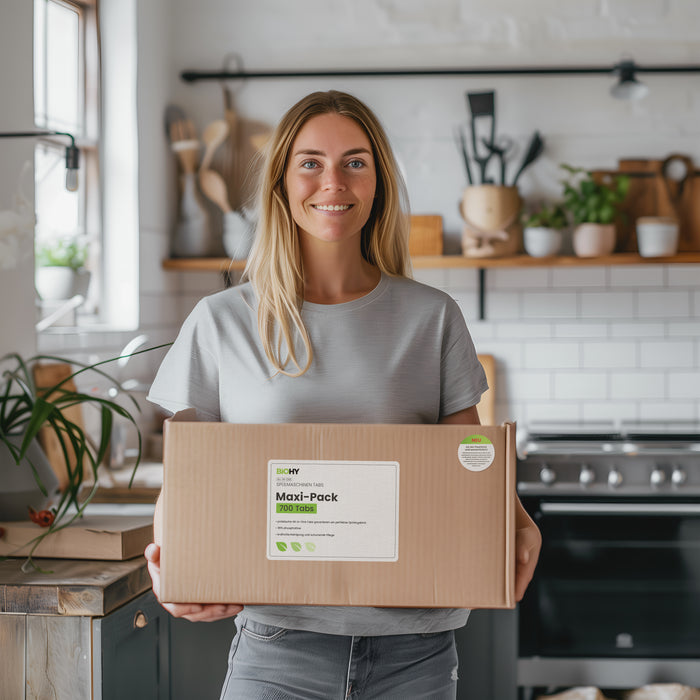 BiOHY All-in-One Spülmaschinentabs – Produktabbildung, Frontansicht der Verpackung