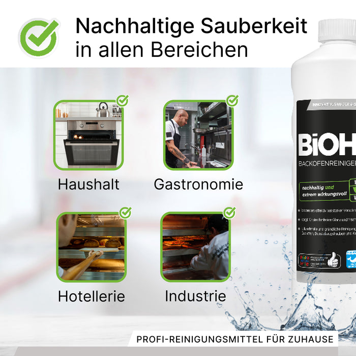 Infografik: Produktvorteile des BiOHY Backofenreinigers 10L – hochergiebiges Konzentrat, vegan, Made in Germany