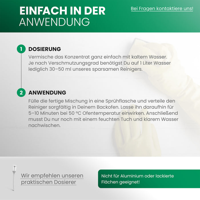 Infografik: Dosierung des BiOHY Backofenreinigers 10L – Verdünnung je nach Verschmutzungsgrad