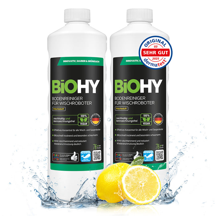 BiOHY Bodenreiniger für Wischroboter – Flasche mit Dosierkappe in Nahaufnahme