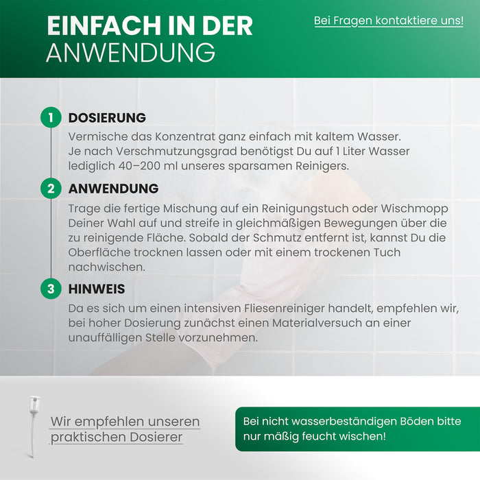 BiOHY Fliesenreiniger 10 Liter – Infografik streifenfreies Ergebnis auf Feinsteinzeug