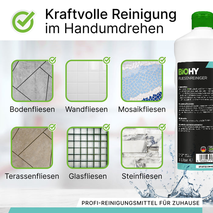 BiOHY Fliesenreiniger 10 Liter – Infografik Produktvorteile (vegan, ergiebig, Made in Germany)