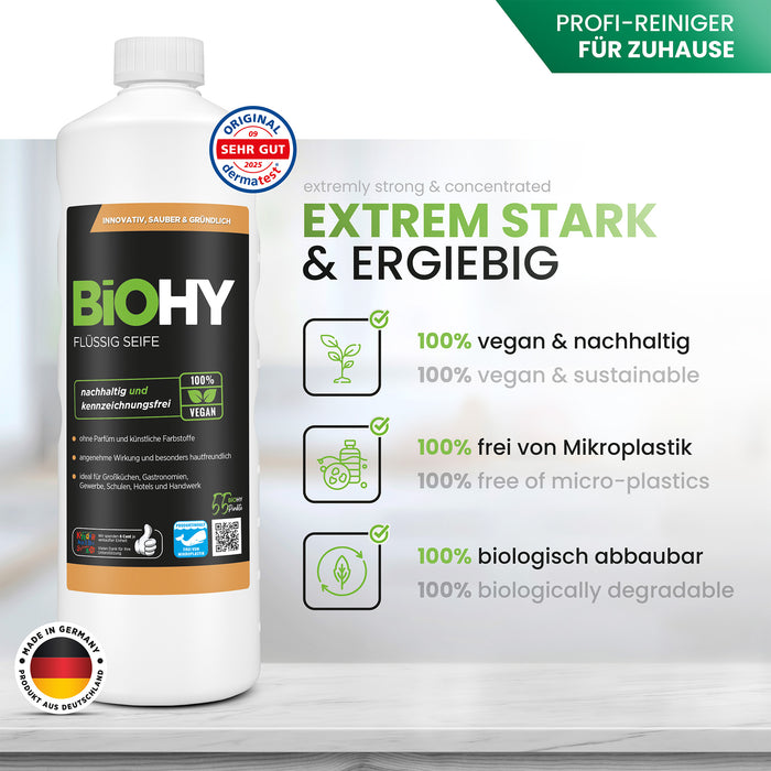BiOHY Flüssig Seife 10 Liter – Infografik zur veganen Seifenrezeptur ohne Farbstoffe
