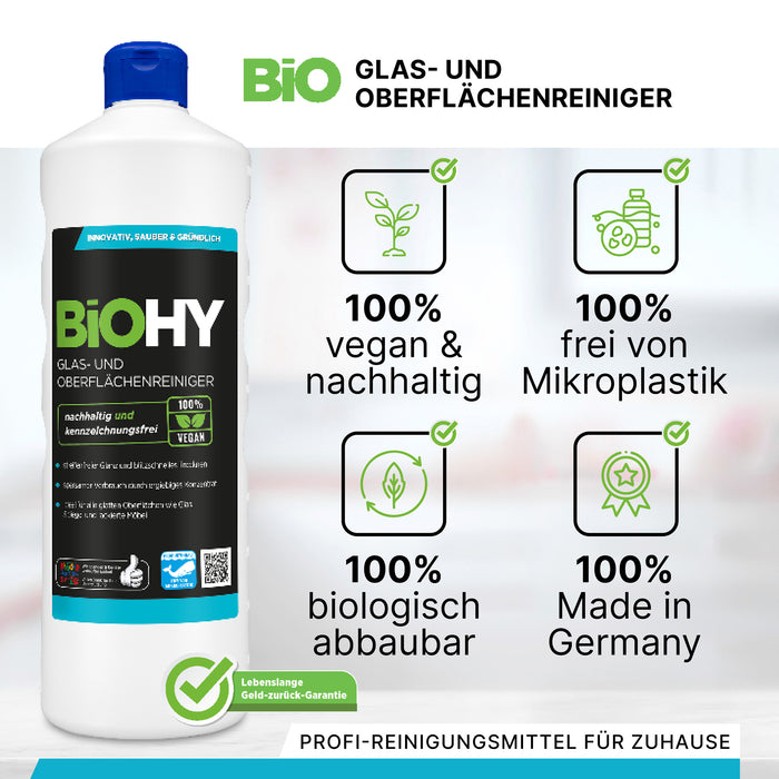 BiOHY Glas- und Oberflächenreiniger 10L (B2B) – Produktinfografik Eigenschaften