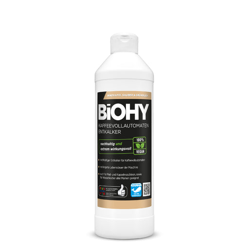 500-ml-Flasche BiOHY Kaffeevollautomaten Entkalker Konzentrat vor einem Kaffeevollautomaten