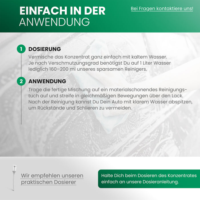 BiOHY KFZ Autoshampoo – Produktinfografik zu Dosierung und Anwendungsbereichen