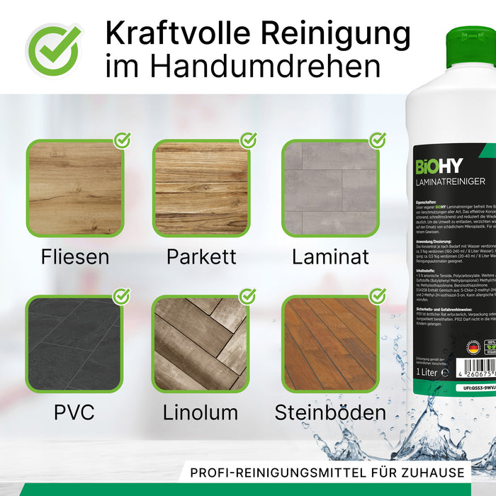 BiOHY Laminatreiniger 10L (B2B) – Produktinfografik mit weiteren Vorteilen