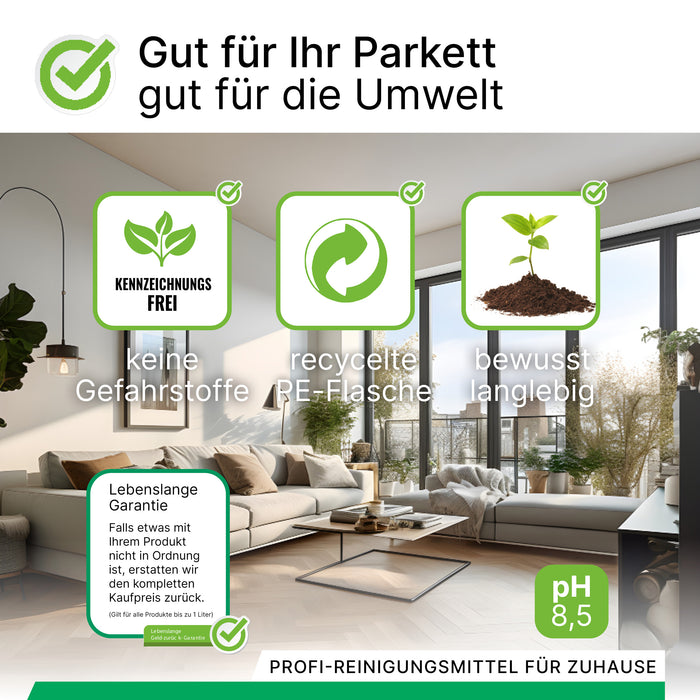 BiOHY Parkettreiniger 10L (B2B) – Produktinfografik zu Eigenschaften und Anwendung