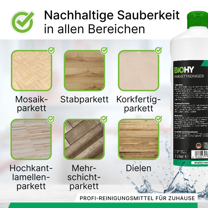 BiOHY Parkettreiniger 10L (B2B) – Produktinfografik mit weiteren Vorteilen