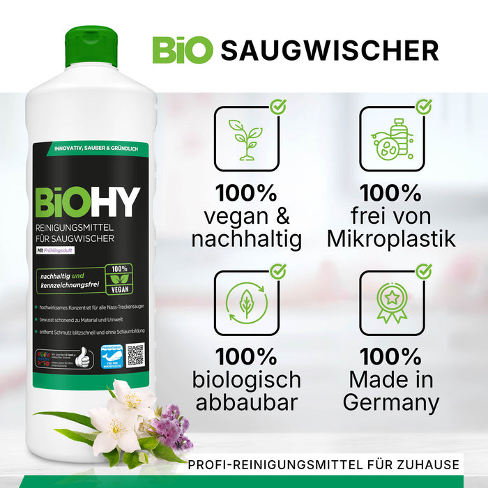 BiOHY Reiniger für Saugwischer 10L mit Frühlingsduft – Produktinfografik zu Eigenschaften und Anwendung