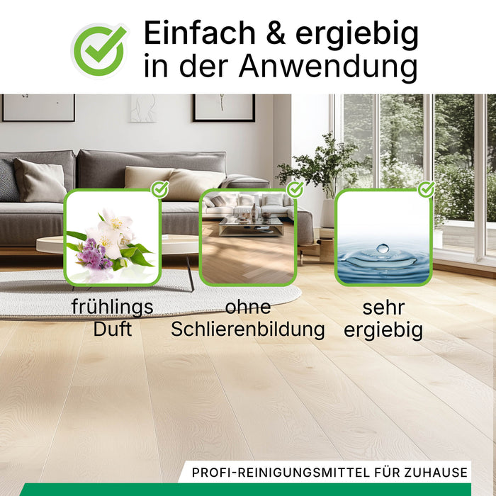 BiOHY Reiniger für Saugwischer 10L mit Frühlingsduft – Produktinfografik zur Verpackung