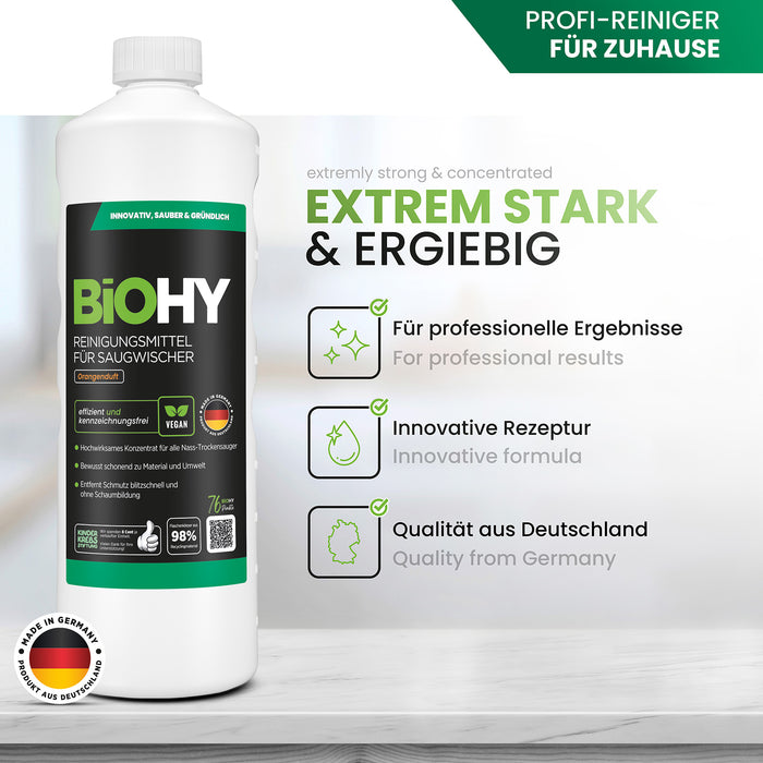 BiOHY Reinigungsmittel für Saugwischer mit Orangenduft, 1 Liter – Infografik: extrem stark und ergiebig, Qualität aus Deutschland