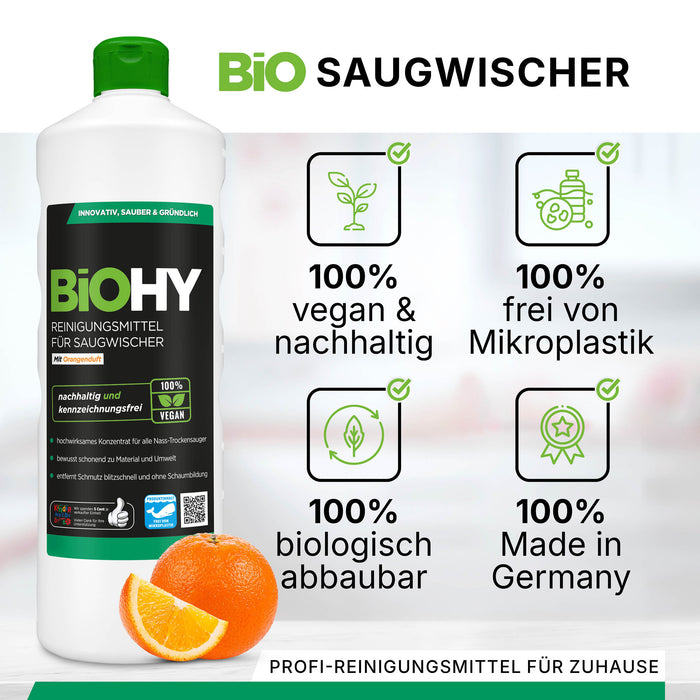BiOHY Reiniger für Saugwischer 10L mit Orangenduft – Produktinfografik zu Eigenschaften und Anwendung
