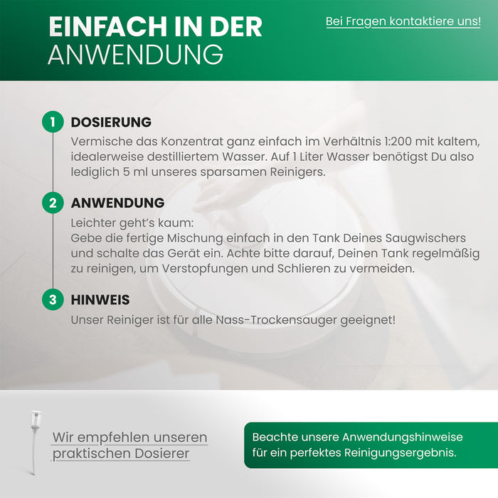 BiOHY Reiniger für Saugwischer mit Orangenduft – Produktinfografik zu Dosierung und Ergiebigkeit