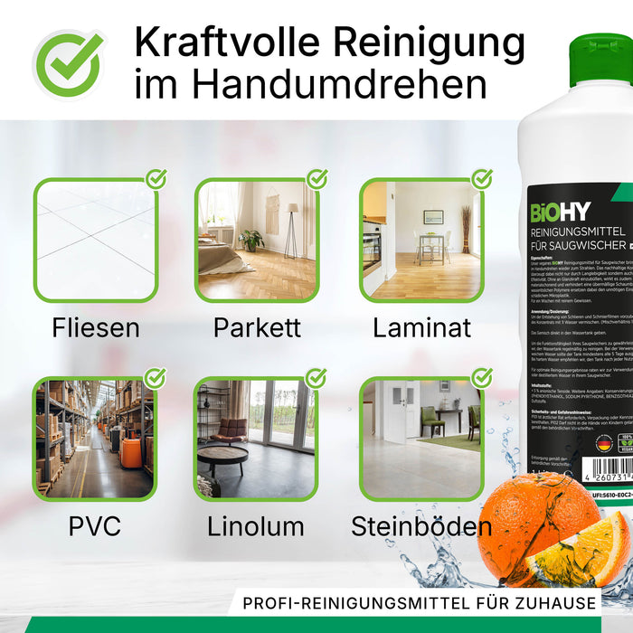 BiOHY Reiniger für Saugwischer 10L mit Orangenduft – Produktinfografik zu Dosierung und Ergiebigkeit