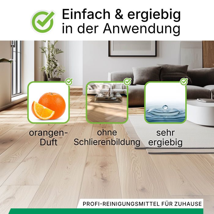 BiOHY Reiniger für Saugwischer 10L mit Orangenduft – Produktinfografik zur Verpackung