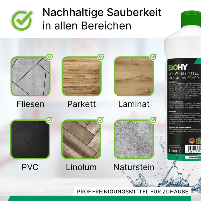 BiOHY Reinigungsmittel für Saugwischer 10 Liter – Infografik Produktvorteile (nicht schäumend, vegan)