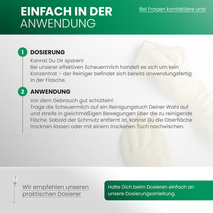 BiOHY Scheuermilch – Produktinfografik zu Dosierung und Ergiebigkeit