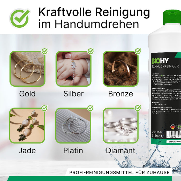 BiOHY Schmuckreiniger 10L (B2B) – Produktinfografik zu Dosierung und Ergiebigkeit