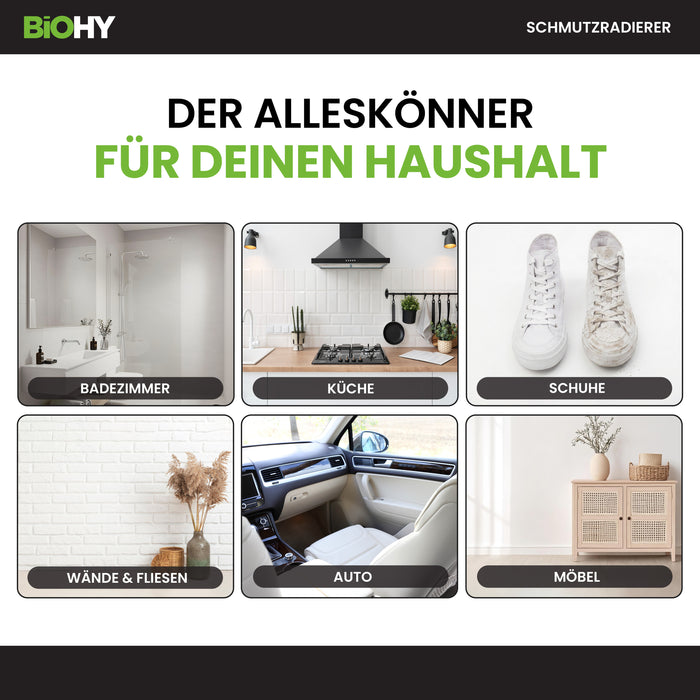 BiOHY Schmutzradierer – Einsatzbereiche: Badezimmer, Küche, Schuhe, Wände und Fliesen, Auto, Möbel