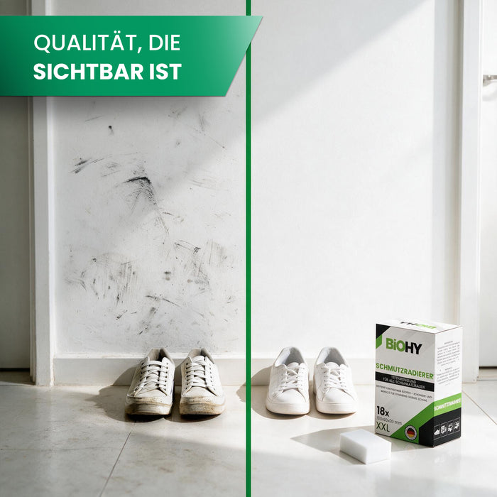 BiOHY Schmutzradierer – Vorher-Nachher-Vergleich an einer verschmutzten Wand und an weißen Sneakern