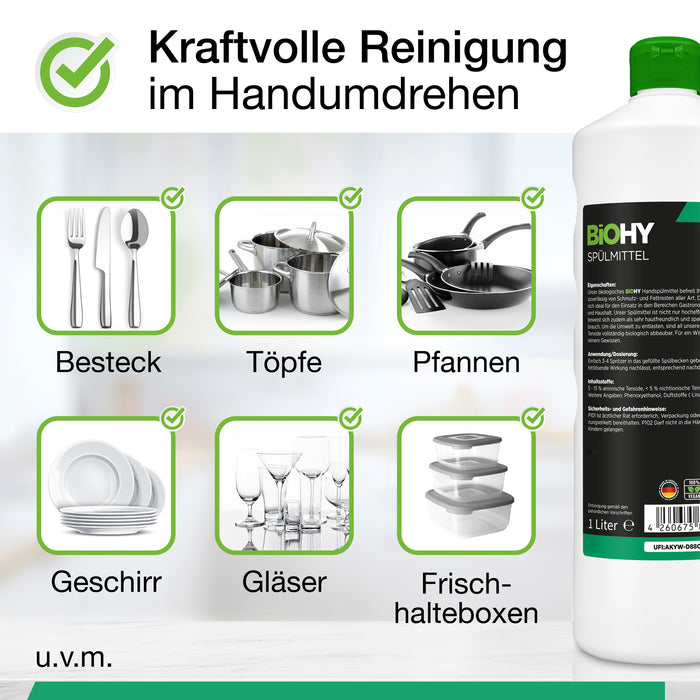 BiOHY Spülmittel 10L (B2B) – Produktinfografik zu Dosierung und Ergiebigkeit