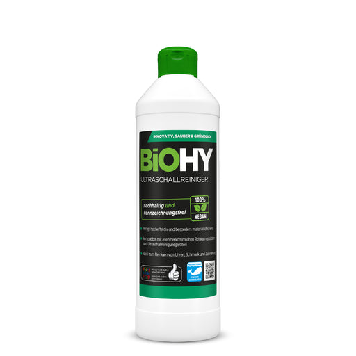 BiOHY Ultraschallreiniger Konzentrat 500 ml – Flasche mit Etikett in Frontansicht, Konzentrat für Ultraschallbad und Tauchbad