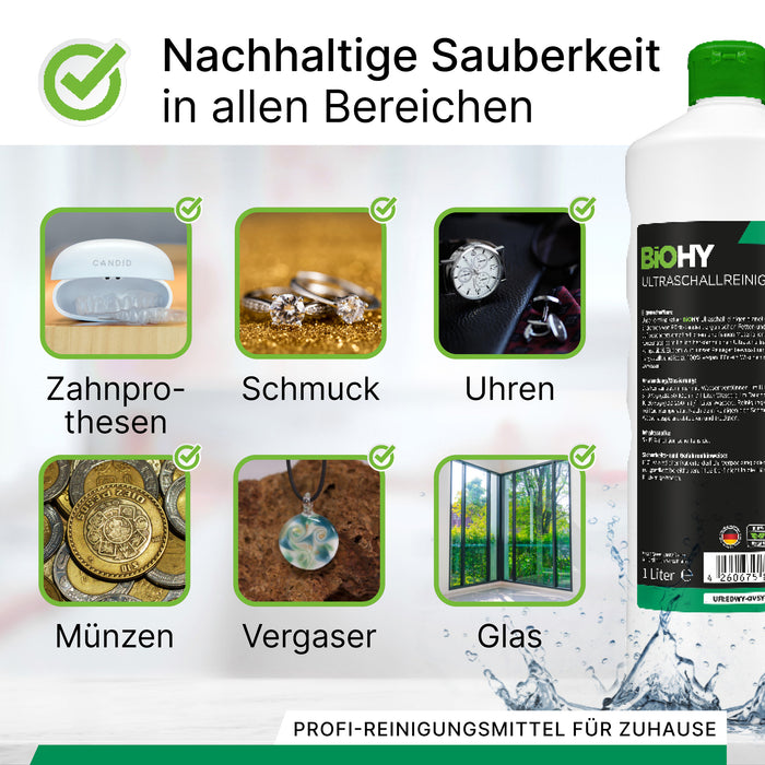 BiOHY Ultraschallreiniger 10L (B2B) – Produktinfografik zu Dosierung und Ergiebigkeit