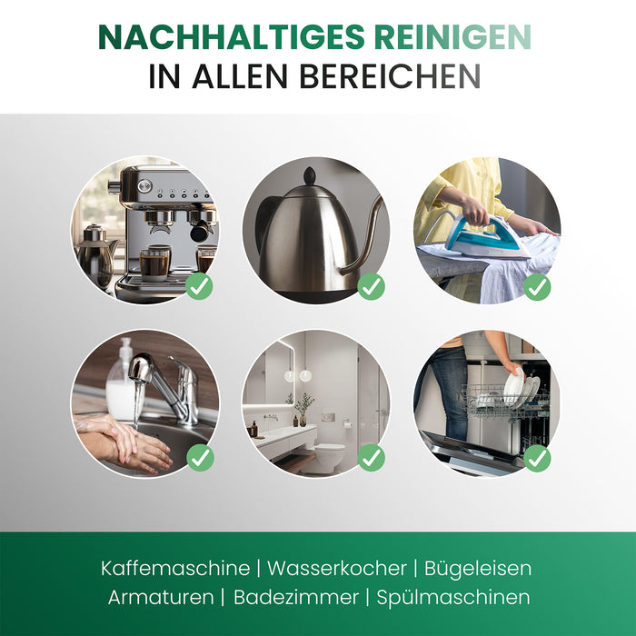 BiOHY Universal Entkalker – Anwendungsbereiche: Kaffeevollautomat, Wasserkocher, Duschkopf, Bügeleisen und Waschmaschine