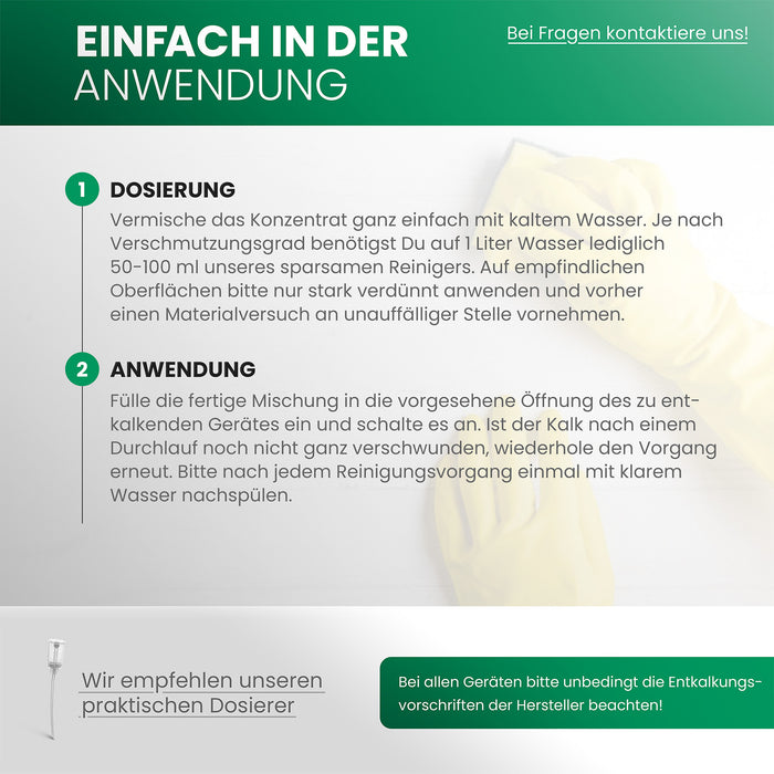 BiOHY Universal Entkalker – Dosierung und Anwendung: verdünnen, einwirken lassen, mit klarem Wasser nachspülen