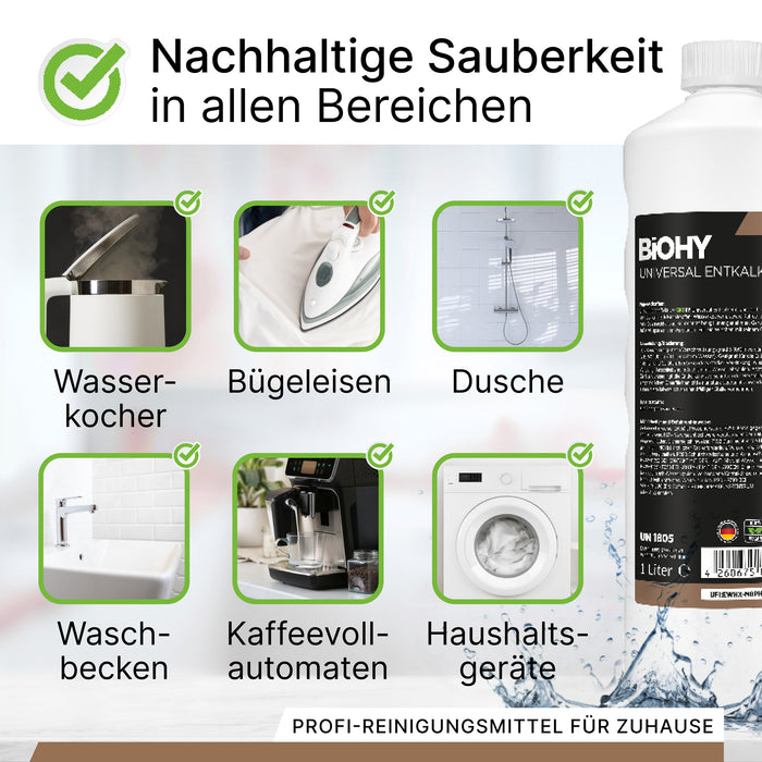 BiOHY Universal Entkalker 10L (B2B) – Produktinfografik zu Dosierung und Ergiebigkeit