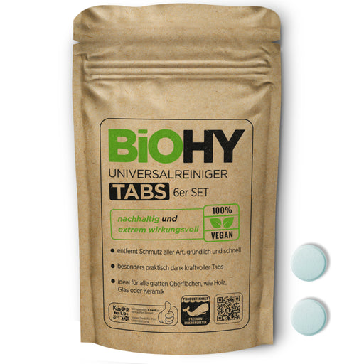 BiOHY Universalreiniger Tabs, Packung mit 6 Reinigungstabletten, Frontansicht der Verpackung