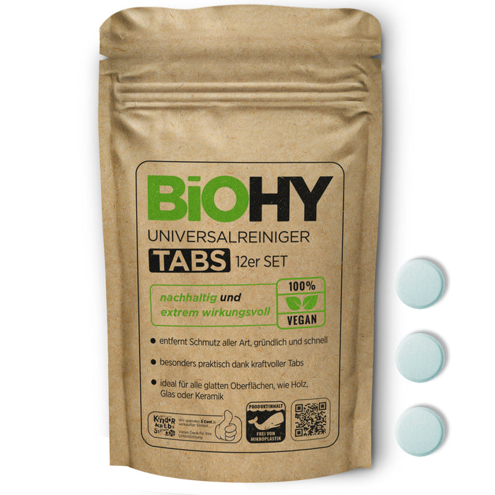 BiOHY Universalreiniger Tabs 12 Stück – Vorratspackung mit Reinigungstabs, daneben ein einzelner Tab