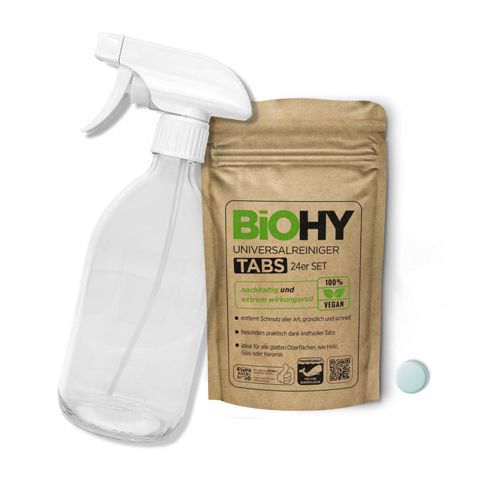 BiOHY Glasflaschen-Set – Glas-Sprühflasche 500 ml mit einem Universalreiniger Tab