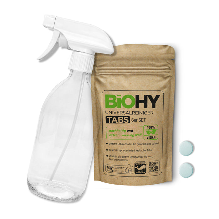 BiOHY Glasflaschen-Set – Glas-Sprühflasche 500 ml mit 2er-Packung Universalreiniger Tabs