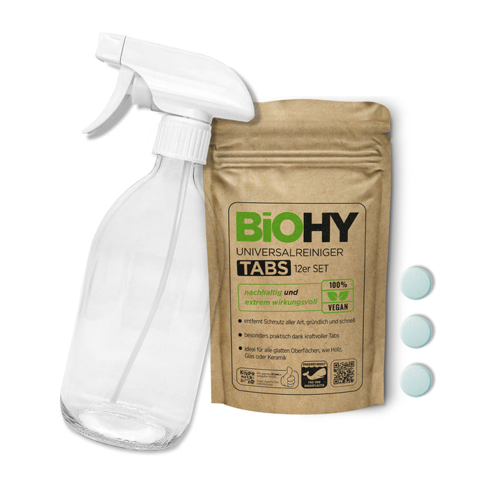 BiOHY Glasflaschen-Set – Glas-Sprühflasche 500 ml mit 3er-Packung Universalreiniger Tabs